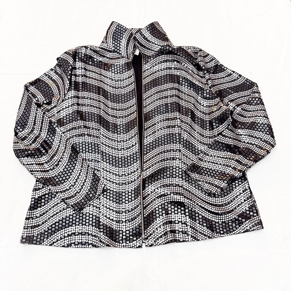 Exclusively Misook Black Metallic Eyelet Patterned Zippered Jacket Size XL